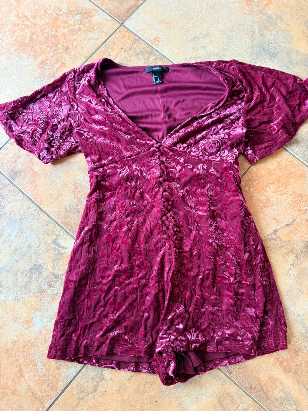 Forever 21 Velvet Burnout Velvet Romper in Deep Berry